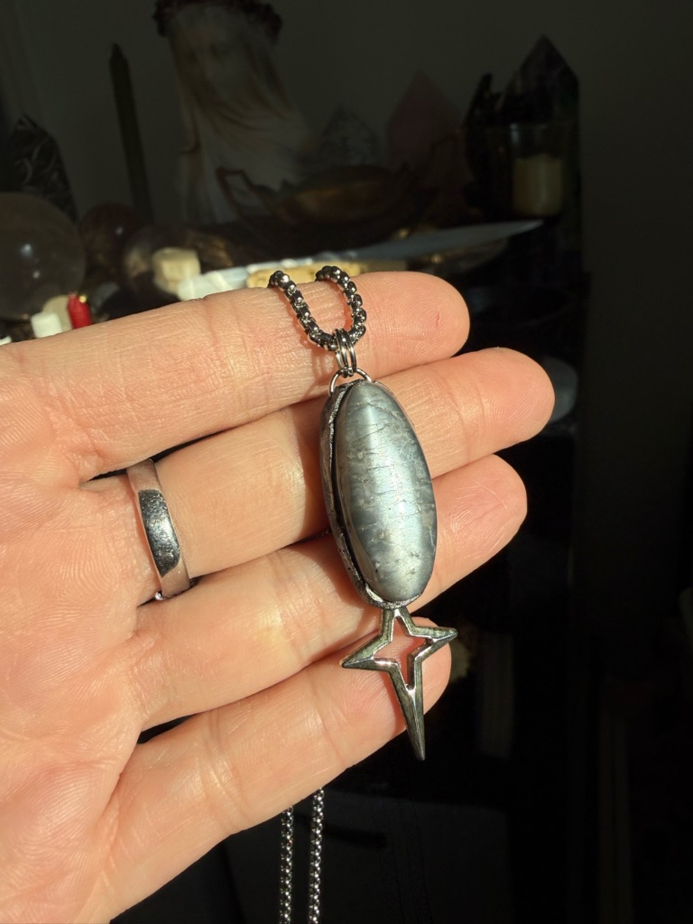 Belomorite moonstone crystal pendant necklace with star layering necklace boho - Picture 4 of 8